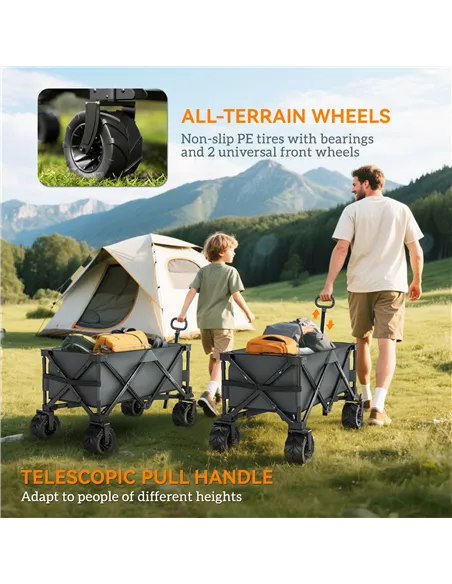Outsunny Outdoor Pull Along Cart Folding Cargo Wagon Trailer Trolley for Beach Garden with Handle, Anti-Slip Wheel - Dark Grey