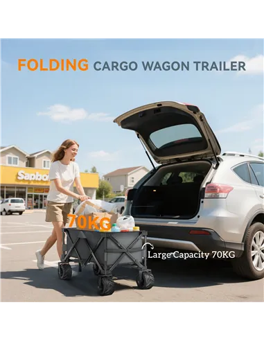Outsunny Outdoor Pull Along Cart Folding Cargo Wagon Trailer Trolley for Beach Garden with Handle, Anti-Slip Wheel - Dark Grey