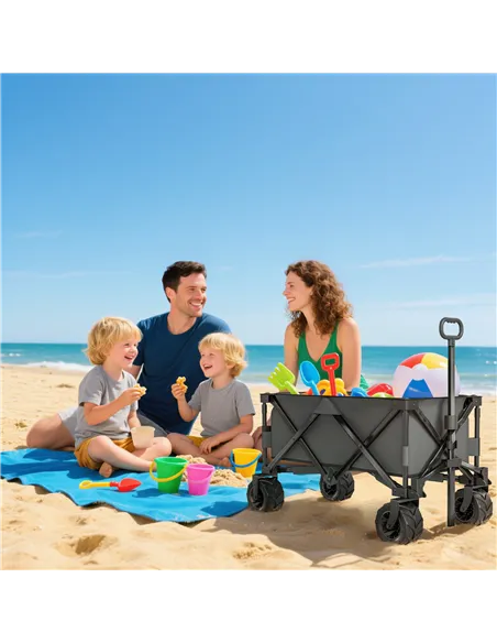 Outsunny Outdoor Pull Along Cart Folding Cargo Wagon Trailer Trolley for Beach Garden with Handle, Anti-Slip Wheel - Dark Grey