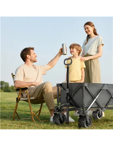 Outsunny Outdoor Pull Along Cart Folding Cargo Wagon Trailer Trolley for Beach Garden with Handle, Anti-Slip Wheel - Dark Grey