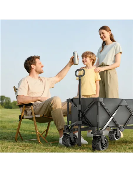 Outsunny Outdoor Pull Along Cart Folding Cargo Wagon Trailer Trolley for Beach Garden with Handle, Anti-Slip Wheel - Dark Grey