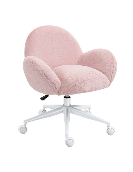 HOMCOM Makeup Vanity Chair, Cute Fluffy Desk Chair with Rolling Wheels for Bedroom Living Room, Pink