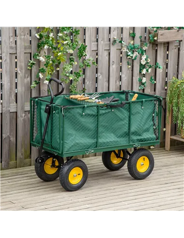 Outsunny Large 4 Wheel Heavy Duty Garden Cart Truck Trolley Wheelbarrow with Handle and Metal Frame - Green