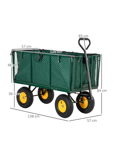 Outsunny Large 4 Wheel Heavy Duty Garden Cart Truck Trolley Wheelbarrow with Handle and Metal Frame - Green