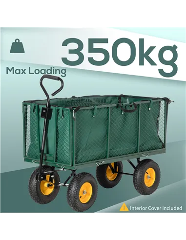 Outsunny Large 4 Wheel Heavy Duty Garden Cart Truck Trolley Wheelbarrow with Handle and Metal Frame - Green