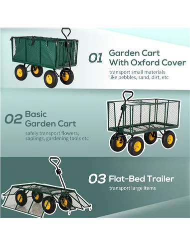 Outsunny Large 4 Wheel Heavy Duty Garden Cart Truck Trolley Wheelbarrow with Handle and Metal Frame - Green