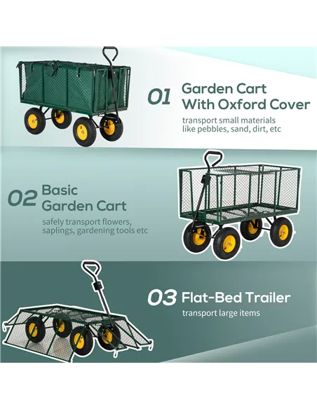 Outsunny Large 4 Wheel Heavy Duty Garden Cart Truck Trolley Wheelbarrow with Handle and Metal Frame - Green