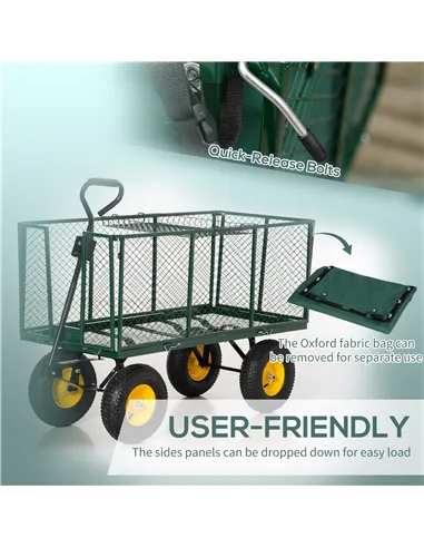 Outsunny Large 4 Wheel Heavy Duty Garden Cart Truck Trolley Wheelbarrow with Handle and Metal Frame - Green