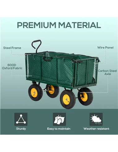 Outsunny Large 4 Wheel Heavy Duty Garden Cart Truck Trolley Wheelbarrow with Handle and Metal Frame - Green