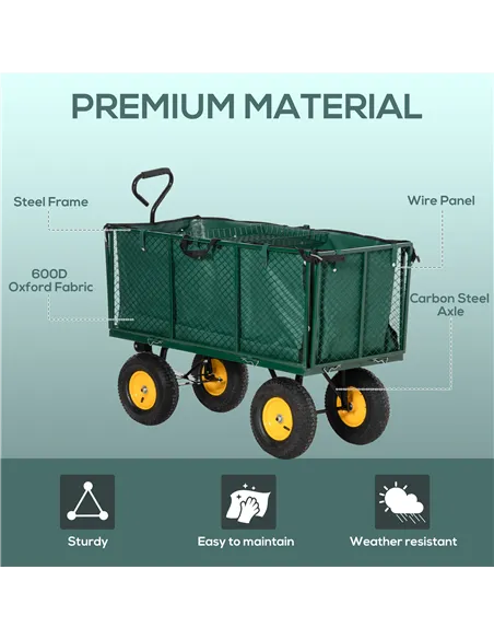 Outsunny Large 4 Wheel Heavy Duty Garden Cart Truck Trolley Wheelbarrow with Handle and Metal Frame - Green