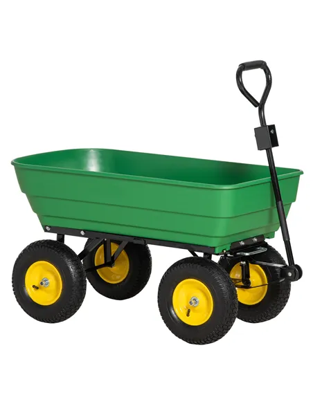 Outsunny 125 Litre Large Garden Cart Heavy Duty 4 Wheel Trolley Dump Wheelbarrow Tipping Truck Trailer - Green
