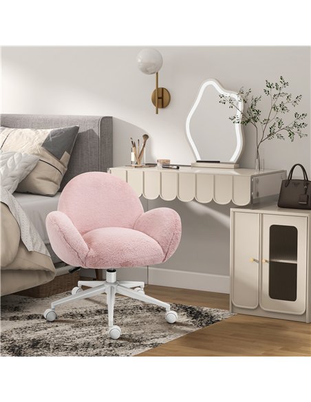 HOMCOM Makeup Vanity Chair, Cute Fluffy Desk Chair with Rolling Wheels for Bedroom Living Room, Pink