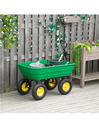 Outsunny 125 Litre Large Garden Cart Heavy Duty 4 Wheel Trolley Dump Wheelbarrow Tipping Truck Trailer - Green