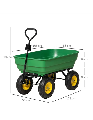 Outsunny 125 Litre Large Garden Cart Heavy Duty 4 Wheel Trolley Dump Wheelbarrow Tipping Truck Trailer - Green