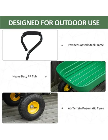 Outsunny 125 Litre Large Garden Cart Heavy Duty 4 Wheel Trolley Dump Wheelbarrow Tipping Truck Trailer - Green