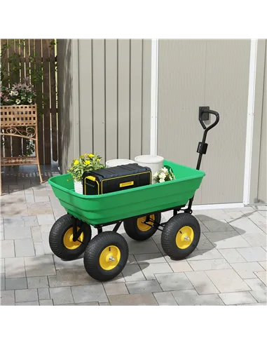 Outsunny 125 Litre Large Garden Cart Heavy Duty 4 Wheel Trolley Dump Wheelbarrow Tipping Truck Trailer - Green