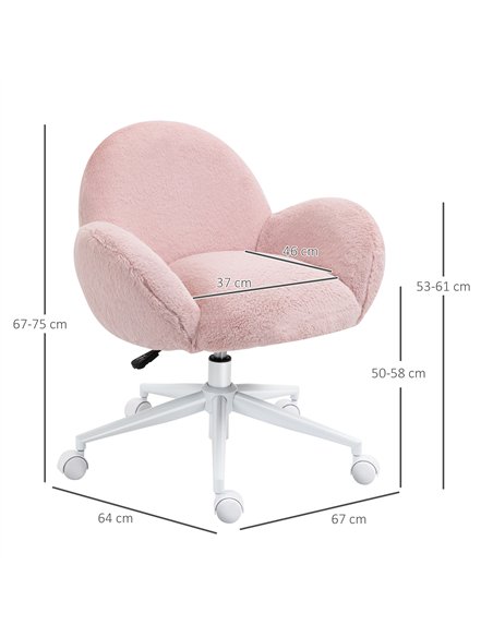 HOMCOM Makeup Vanity Chair, Cute Fluffy Desk Chair with Rolling Wheels for Bedroom Living Room, Pink