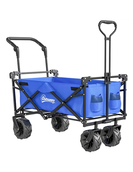 Outsunny Folding Trolley Cart Storage Wagon Beach Trailer 4 Wheels with Handle Overhead Canopy Cart Push Pull for Camping, Blue