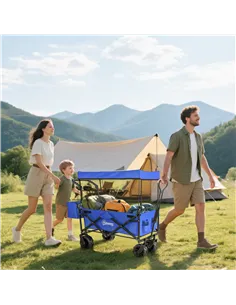Outsunny Folding Trolley Cart Storage Wagon Beach Trailer 4 Wheels with Handle Overhead Canopy Cart Push Pull for Camping, Blue 2