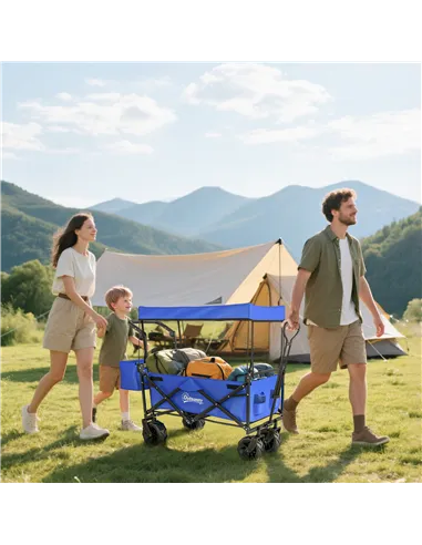 Outsunny Folding Trolley Cart Storage Wagon Beach Trailer 4 Wheels with Handle Overhead Canopy Cart Push Pull for Camping, Blue