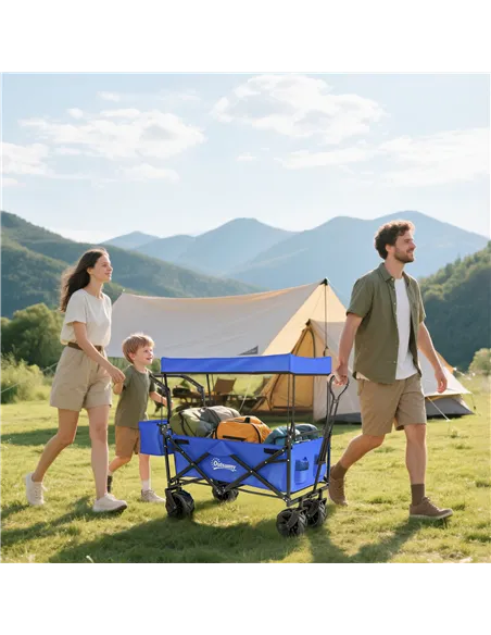 Outsunny Folding Trolley Cart Storage Wagon Beach Trailer 4 Wheels with Handle Overhead Canopy Cart Push Pull for Camping, Blue