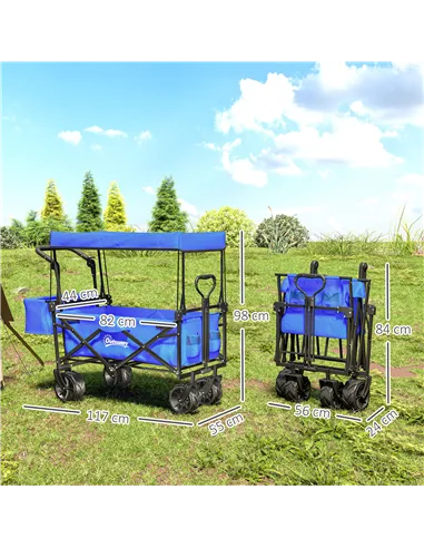 Outsunny Folding Trolley Cart Storage Wagon Beach Trailer 4 Wheels with Handle Overhead Canopy Cart Push Pull for Camping, Blue