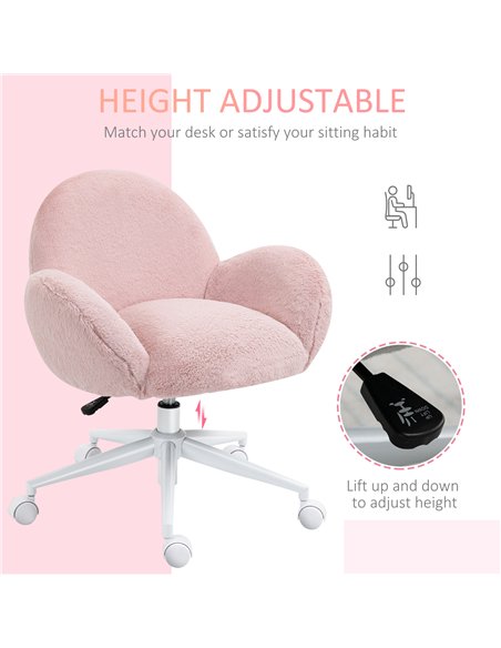 HOMCOM Makeup Vanity Chair, Cute Fluffy Desk Chair with Rolling Wheels for Bedroom Living Room, Pink