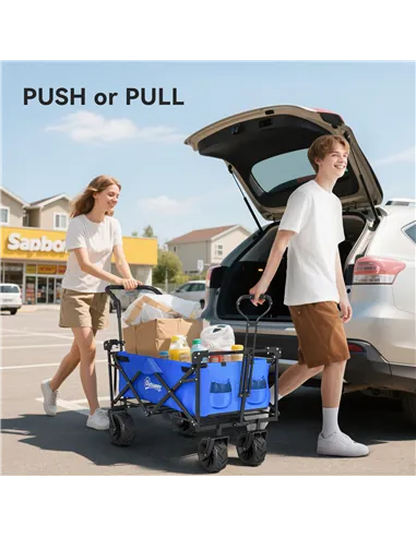 Outsunny Folding Trolley Cart Storage Wagon Beach Trailer 4 Wheels with Handle Overhead Canopy Cart Push Pull for Camping, Blue