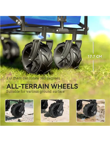 Outsunny Folding Trolley Cart Storage Wagon Beach Trailer 4 Wheels with Handle Overhead Canopy Cart Push Pull for Camping, Blue