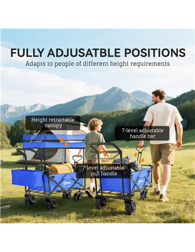 Outsunny Folding Trolley Cart Storage Wagon Beach Trailer 4 Wheels with Handle Overhead Canopy Cart Push Pull for Camping, Blue