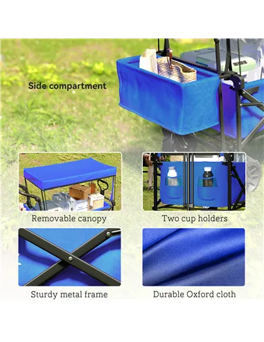Outsunny Folding Trolley Cart Storage Wagon Beach Trailer 4 Wheels with Handle Overhead Canopy Cart Push Pull for Camping, Blue