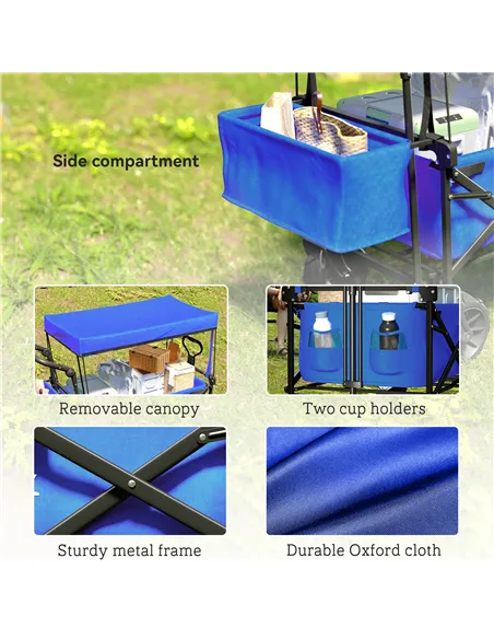 Outsunny Folding Trolley Cart Storage Wagon Beach Trailer 4 Wheels with Handle Overhead Canopy Cart Push Pull for Camping, Blue