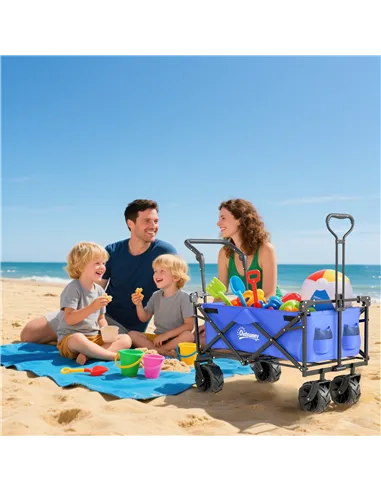 Outsunny Folding Trolley Cart Storage Wagon Beach Trailer 4 Wheels with Handle Overhead Canopy Cart Push Pull for Camping, Blue