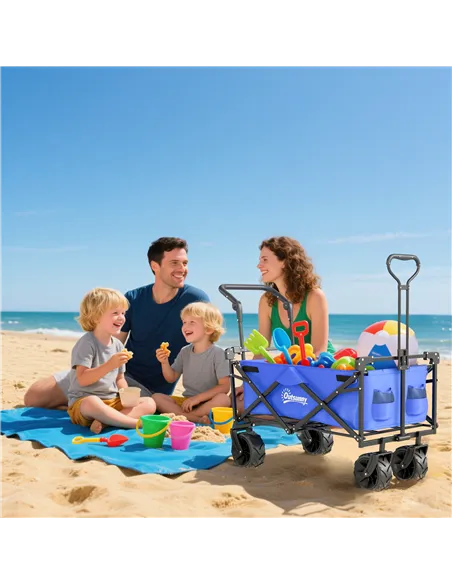 Outsunny Folding Trolley Cart Storage Wagon Beach Trailer 4 Wheels with Handle Overhead Canopy Cart Push Pull for Camping, Blue