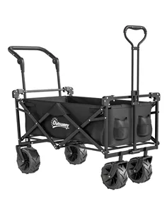 Outsunny Folding Trolley Cart Storage Wagon Beach Trailer 4 Wheels with Handle Overhead Canopy Cart Push Pull for Camping, Black