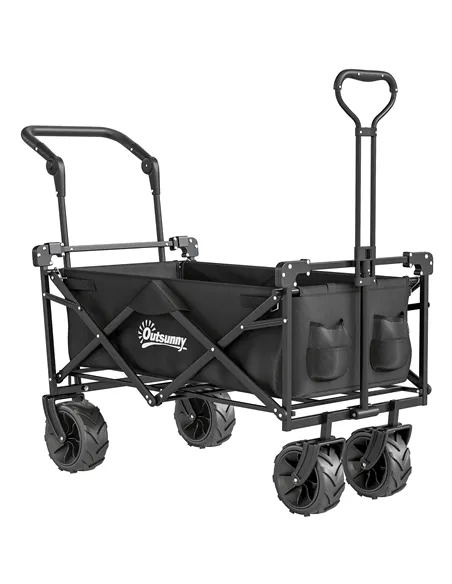 Outsunny Folding Trolley Cart Storage Wagon Beach Trailer 4 Wheels with Handle Overhead Canopy Cart Push Pull for Camping, Black