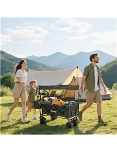 Outsunny Folding Trolley Cart Storage Wagon Beach Trailer 4 Wheels with Handle Overhead Canopy Cart Push Pull for Camping, Black 2