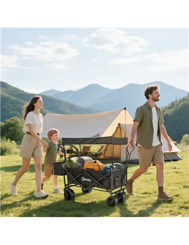 Outsunny Folding Trolley Cart Storage Wagon Beach Trailer 4 Wheels with Handle Overhead Canopy Cart Push Pull for Camping, Black