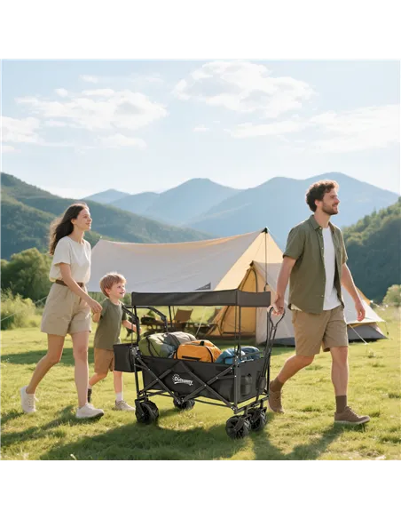 Outsunny Folding Trolley Cart Storage Wagon Beach Trailer 4 Wheels with Handle Overhead Canopy Cart Push Pull for Camping, Black