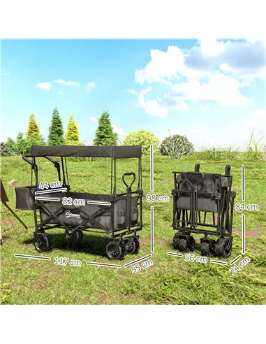 Outsunny Folding Trolley Cart Storage Wagon Beach Trailer 4 Wheels with Handle Overhead Canopy Cart Push Pull for Camping, Black