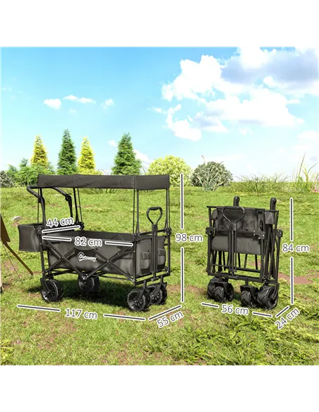 Outsunny Folding Trolley Cart Storage Wagon Beach Trailer 4 Wheels with Handle Overhead Canopy Cart Push Pull for Camping, Black