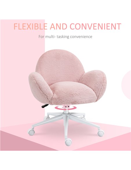 HOMCOM Makeup Vanity Chair, Cute Fluffy Desk Chair with Rolling Wheels for Bedroom Living Room, Pink