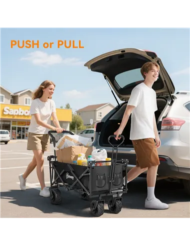 Outsunny Folding Trolley Cart Storage Wagon Beach Trailer 4 Wheels with Handle Overhead Canopy Cart Push Pull for Camping, Black