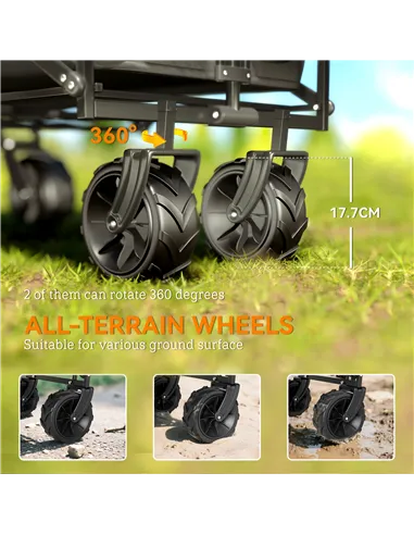 Outsunny Folding Trolley Cart Storage Wagon Beach Trailer 4 Wheels with Handle Overhead Canopy Cart Push Pull for Camping, Black