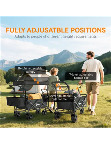 Outsunny Folding Trolley Cart Storage Wagon Beach Trailer 4 Wheels with Handle Overhead Canopy Cart Push Pull for Camping, Black