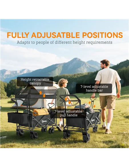 Outsunny Folding Trolley Cart Storage Wagon Beach Trailer 4 Wheels with Handle Overhead Canopy Cart Push Pull for Camping, Black