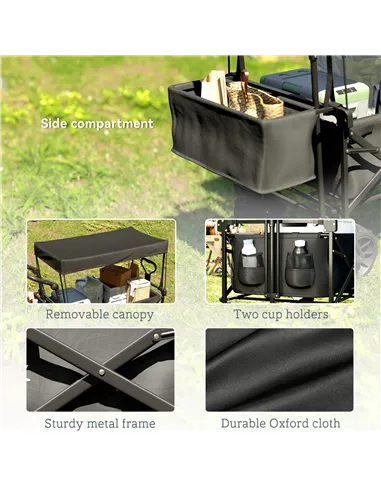 Outsunny Folding Trolley Cart Storage Wagon Beach Trailer 4 Wheels with Handle Overhead Canopy Cart Push Pull for Camping, Black