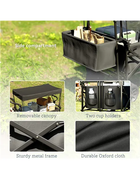Outsunny Folding Trolley Cart Storage Wagon Beach Trailer 4 Wheels with Handle Overhead Canopy Cart Push Pull for Camping, Black