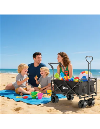 Outsunny Folding Trolley Cart Storage Wagon Beach Trailer 4 Wheels with Handle Overhead Canopy Cart Push Pull for Camping, Black