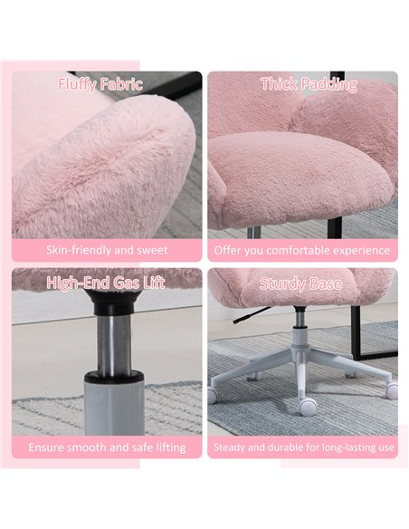 HOMCOM Makeup Vanity Chair, Cute Fluffy Desk Chair with Rolling Wheels for Bedroom Living Room, Pink